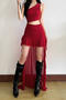 casual slight stretch see-through mesh one-shoulder hollow shirring maxi dress_White_Red