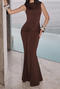 sexy slight stretch crew neck solid color backless shirring maxi dress_Black_Pink_Brown