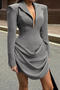 casual slight stretch suit collar with shoulder pads shirring mini dress_Black_Gray