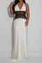 sexy plus-size non-stretch lace satin patchwork backless maxi dress_Black_White