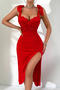 sexy slight stretch lace stitching underwire tie-shoulder midi dress with thong_Black_Red