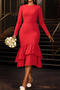 stylish plus size slight stretch 3 colors long sleeve ruffle midi dress_Red