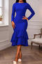 stylish plus size slight stretch 3 colors long sleeve ruffle midi dress_Red_Green_Blue