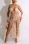 new crochet hollow stretch crossed sling lace up high slit backless beach dress cover-ups(only cover-ups)_Black_Beige