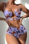 new 3 colors butterfly batch printing non removable padding underwire strappy metallic-ring connected hollow high waist stylish sexy bikini_Purple