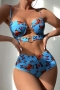 new 3 colors butterfly batch printing non removable padding underwire strappy metallic-ring connected hollow high waist stylish sexy bikini_Purple_Sky Blue