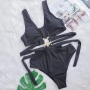 new 3 colors solid color metallic-ring connected padded strappy hollow lace up stylish sexy one-piece swimsuit_Black