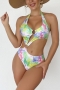 new plus size two colors tie dye printing padded halter-neck lace-up hollow metal ring connected sexy one-piece swimsuit_Blue_Green