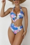 new plus size two colors tie dye printing padded halter-neck lace-up hollow metal ring connected sexy one-piece swimsuit_Blue