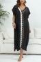sexy color-block crochet stitching v-neck beach dress cover-up(only cover-up)_Black