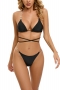 sexy 2 colors padded halter-neck lace-up metallic-chain triangle bikini sets_Black