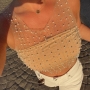 sexy slight stretch pearl rhinestone see through vest cover-up(only cover-up)_Black_White