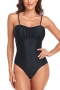 sexy solid color padded hollow shirring one-piece swimsuit_Black