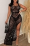 sexy plus size 6 colors crochet cutout non-stretch sequin beach dress cover-up_Black
