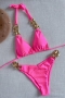 sexy 6 colors padded metal-chain lace-up solid color bikini set_Black_Pink