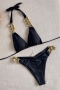 sexy 6 colors padded metal-chain lace-up solid color bikini set_Black