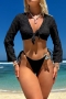 sexy solid color mesh long sleeve padded three-piece swimwear_Black