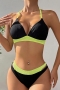 sexy 3 colors colorblock padded halter-neck lace-up hollow bikini set_Black