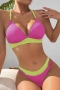 sexy 3 colors colorblock padded halter-neck lace-up hollow bikini set_Black_Magenta