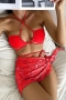 sexy 4 colors padded batch printing mesh wrap skirt three-piece swimsuit_Black_Red
