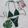 sexy glitter rhinestone metallic chain 4 colors padded halter-neck bikini set_Red_Green