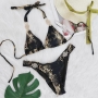sexy snake holographic rhinestone metallic accessories padded bikini set_Black