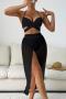sexy 5 colors padded halter-neck lace-up mesh skirt three-piece swimwear_Black