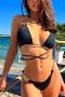 sexy padded metallic chain linked halter-neck lace-up bikini set_Black
