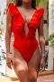sexy padded deep v cascading ruffle one-piece swimsuit(new added colors)_Black_Pink_Red