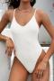 sexy pure color textured padded backless metallic ring linked one-piece swimsuit_White