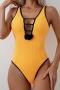 sexy 3d flower decor 3 colors padded deep v backless one-piece swimsuit_Yellow