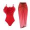 sexy 3 colors orange padded 3d flower one-piece swimsuit & chiffon skirt_Black_Red
