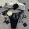sexy color-block 3d flower decor padded bandeau lace-up bikini set_White