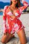 sexy two colors batch printing padded mesh cover-up three-piece swimsuit_Pink_Red