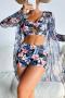 sexy 4 colors floral printing padded mesh kimono three-piece swimsuit_Black