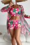sexy 4 colors floral printing padded mesh kimono high waist three-piece swimsuit_Red_Magenta