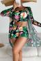 sexy 4 colors floral printing padded mesh kimono high waist three-piece swimsuit_Red_Magenta_Green