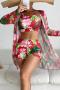sexy 4 colors floral printing padded mesh kimono high waist three-piece swimsuit_Red