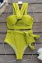 sexy pure color padded woven rope belt design tankini set_Black_Yellow