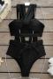 sexy pure color padded woven rope belt design tankini set_Black
