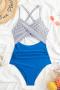 sexy plus size stripe printing non-removable padding hollow one-piece swimsuit_Black_Haze Blue_Blue