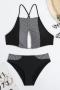 sexy stripe printing padded backless tankini set_Black