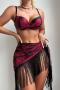 sexy 3 colors leaf printing padded underwire tassel skirt three-piece swimsuit_Red