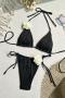 sexy 3d flower decor padded halter-neck triangle bikini set_Black