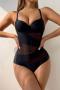 sexy mesh stitching 4 colors non-removable padding underwire one-piece swimsuit_Black