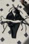 sexy 5 colors 3d flower padded halter-neck self-tie triangle bikini set_Black