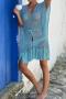 sexy knitted hollow tassel loose slit drawstring cover-up_White_Blue