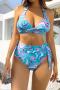 new stylish padded batch printing stripe high waist lace-up tankini set_Aqua Green_Sky Blue