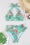 new stylish padded batch printing stripe high waist lace-up tankini set_Aqua Green