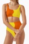 new padded patchwork high waist suspenders tankini set_Yellow